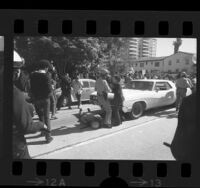 Confrontation between UCLA students and police during Chicago Seven protest march in Westwood, Calif., 1970