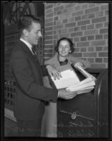 Pauline Berg and Richard Parker mail invitations to the U.S.C. homecoming, Los Angeles, 1935