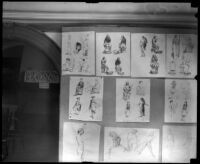 Drawings by cartoonist Robert Day in the Otis Art Institute end-of-year student exhibition, Los Angeles, 1921