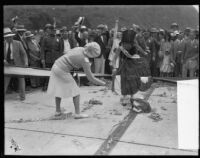 Miss Canada, Grant Donley, and Miss Mexico, Marianita Servin, and crowd at opening ceremony, Roosevelt Highway, Malibu, 1929