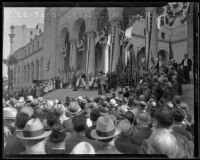 Ground-level view of Navy Day commemoration at City Hall steps, Los Angeles, 1935