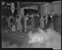 Protesters and a cloud of tear gas during Los Angeles Railway strike, Los Angeles, 1934