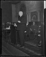 Governor Merriam at a speaking engagement, California, 1934-1939