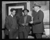 First National Bank robbery suspects Jose Hernandez and Juan Jiminez with Deputy Sheriff William Bright, 1922