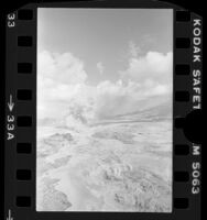 Steam plume rising from mud and ash flows near Mt. St. Helens days after May 18, 1980 eruption