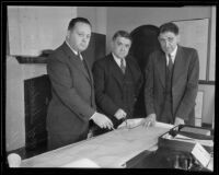 Major Theodore Wyman, Jr., Major General Edward Markham, and Colonel Thomas H. Jackson analyze WPA plans, Los Angeles, 1935