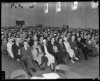 Attendees at the Los Angeles County General Hospital dedication sit in an auditorium, Los Angeles, 1934