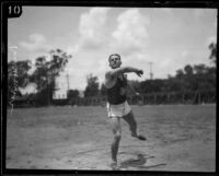 Bud Houser, USC track team athlete, in training on campus, Los Angeles, 1925