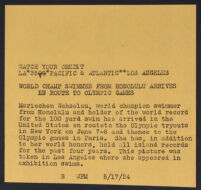 Press release about the visit of swimmer Mariechen Wehselau to Los Angeles, 1924