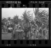 Aztec dancers at Indian Ceremonial Show and Pow-wow in Santa Monica, Calif., 1977