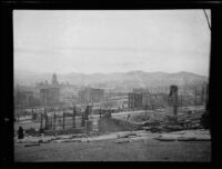 Damaged section of city after earthquake and fire, with City Hall in distance, San Francisco, 1906