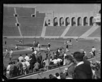 Runners race around a curve during the S.C. and Stanford dual track meet, Los Angeles, 1934