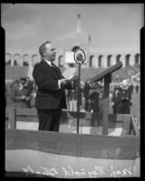 Major Reynold Blight speaking at Memorial Day observance, Los Angeles Memorial Coliseum, Los Angeles, 1935