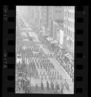 Military unit marching down Broadway during Los Angeles' 185th birthday parade, 1966