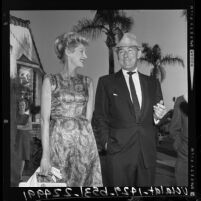 Candid shot of actors Michael Wilding and Margaret Leighton after their wedding in Los Angeles, Calif., 1964