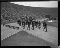 Military band marches in the Memorial Day parade, Los Angeles, 1934