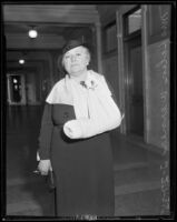 Helen W. Werner breaks wrist on same day as her court testimony, Los Angeles, 1935