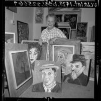 Actress Babe London posing with some of her paintings, Calif., 1964