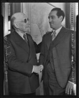 Former Consul Dr. Gregorio Del Amo greets the new Consul Dr. Enrique Carlos de la Casa of their home country Spain, Los Angeles, 1935