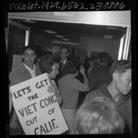 UCLA student from Bruin Young Republicans being turned away from campus teach-in on Vietnam, 1965