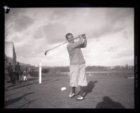 Golfer Al Espinosa posing, post-swing, Los Angeles, 1920