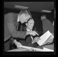 Jack Kirschke talking to journalists at the time of his murder trial, Los Angeles, 1967