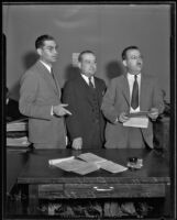 Monroe Butler in court with Clyde Shoemaker and Huntington P. Bledsoe, Los Angeles, 1935