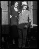 Mr. and Mrs. Frank Buck at the train station, Los Angeles, ca. 1930s?