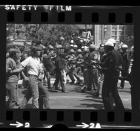 Police officers confronting anti-war demonstrators on UCLA campus, 1972