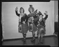 Mrs. Milton E. Morgan, Bessie Chandler, and Robert Meyers, dancer and bagpipers, Los Angeles, 1935