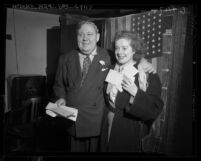 Actors Charles Laughton and wife, Elsa Lanchester after taking the United States oath of citizenship, 1950