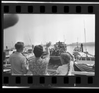 Boys from Glendale YMCA leaving Los Angeles harbor for camp on Santa Catalina Island, 1966