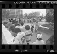 Applicants waiting in line for police officer jobs in Los Angeles, Calif., 1977