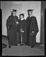 Eleanor Lee and Dr. Ralph H. Bush are congratulated by Dr. Clarence Thurber, Redlands, 1936