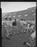 USC football team during practice at the Coliseum, Los Angeles, 1925-1939