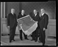 William H. Waste, Emmet Seawell and 2 other judges review building plans, 1934