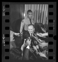 Jack Kirschke talking to journalists at the time of his murder trial, Los Angeles, 1967