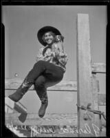 Cowgirl Florence Van in Tex Austin's cowboy championships at Gilmore Stadium, Los Angeles, 1935