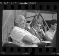 Writer Arthur Miller, seated by Gordon Davidson, laughing during rehearsal of "The American Clock" at Mark Taper Forum in Los Angeles, Calif., 1984