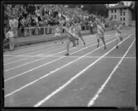 Pomona College and Occidental College runners sprint to the finish line during a duel track meet, Los Angeles, 1932