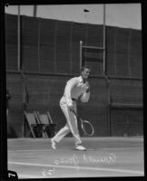 Arnold Jones playing tennis at the Davis Cup held at the Los Angeles Tennis Club, Los Angeles, 1928