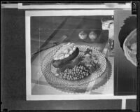 Stuffed baked potato, carrots, and peas on a plate, 1936