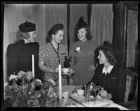 Mrs. Horace Blockman, Jr., Maude Rosson, Cristina Welles, and Betty Welles at tea, Los Angeles, 1938