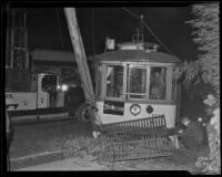 Derailed street car crashes into trolley post, Los Angeles, 1934