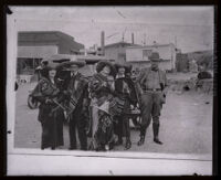 Jacob C. Denton with people dressed in Mexican sombrero and sarape, Los Angeles, circa 1920