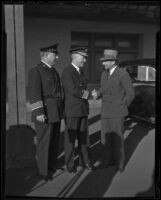 Chief James E. Davis and Public Works president Paul Ritter greet Admiral Richard E. Byrd, Los Angeles, 1936