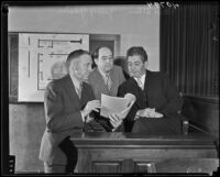 Jerry Geisler watches as Arthur Veitch cross examines his client, Dave Allen, Los Angeles, 1934