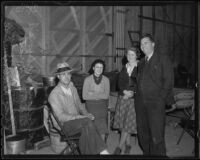 Rolland Dalrymple, Lucille Donato, Ione Laskey, and Charles Dalrymple at the raid of the "Own-a-New-Car-Club", Maywood, 1935