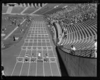 Clarence Berry, Bob Lyon, Sam Klopstock and Gene Culp start the high hurdles race during the S.C. and Stanford dual track meet, Los Angeles, 1934