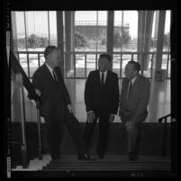 Henry Dreyfuss, left, Lew Wasserman and Walt Disney on grand staircase of Music Center Pavillion, Los Angeles, 1965